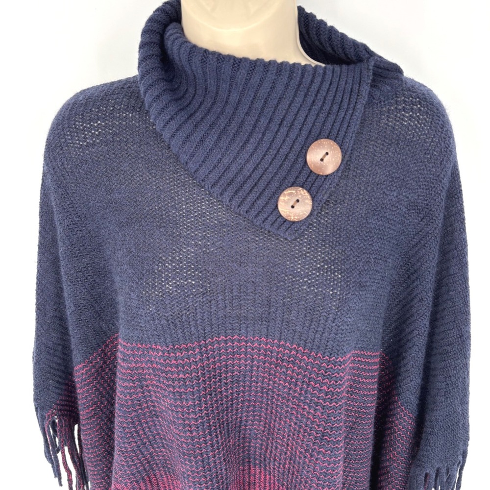 Victoria Leland Womens Navy Blue Burgundy Knit Poncho Cowl Neck Fringe NWT